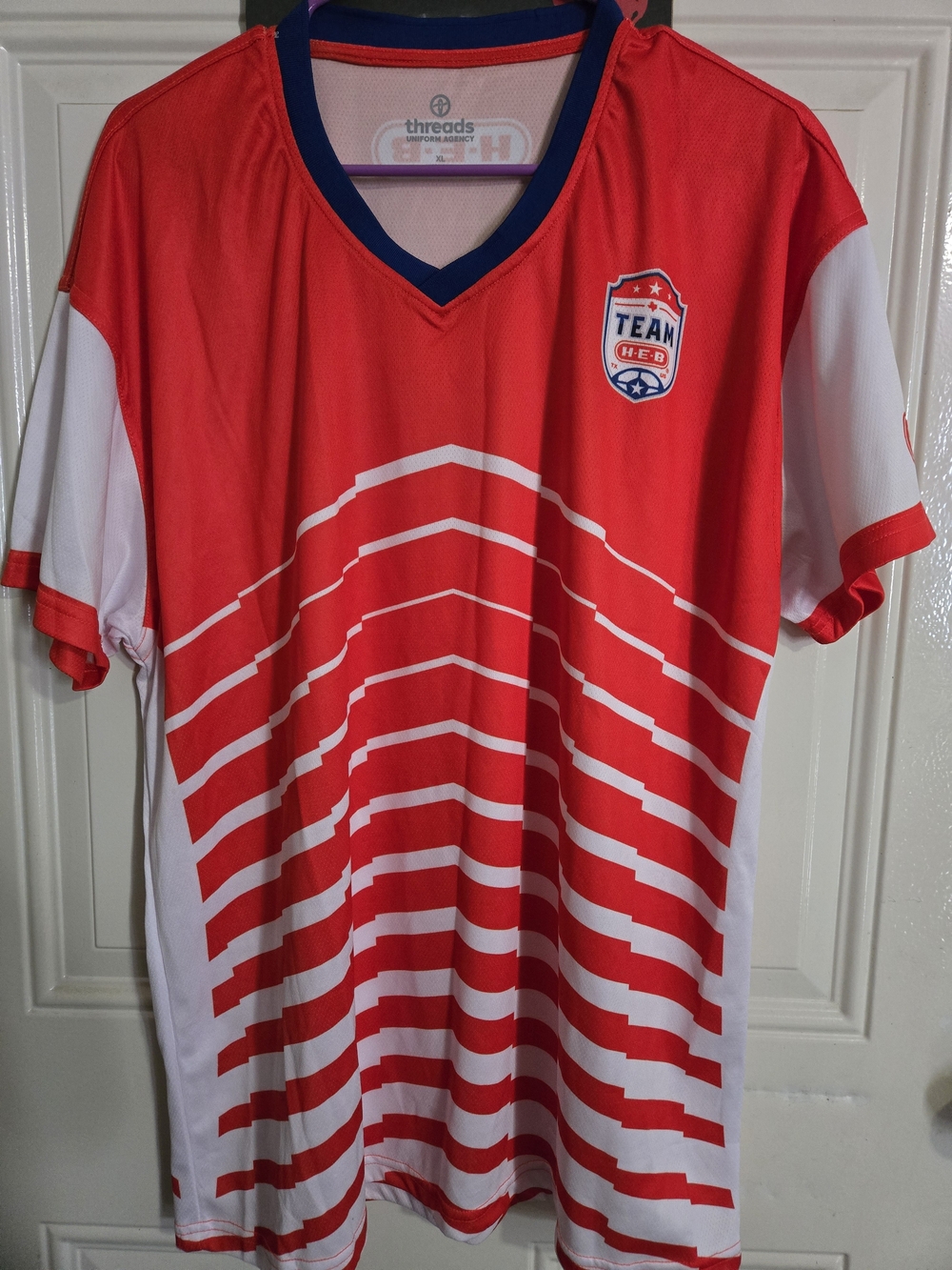 Team H-E-B Men's Red and White Short Sleeve Jersey